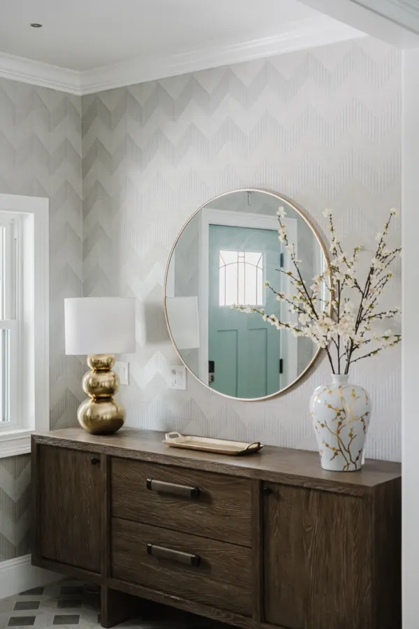 Entryway console and geometric wallpaper